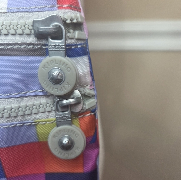 Kipling Rainbow Color Checkerboard 3 Zipper Pouch Nylon Crossbody Shoulder Bag . - Picture 6 of 10